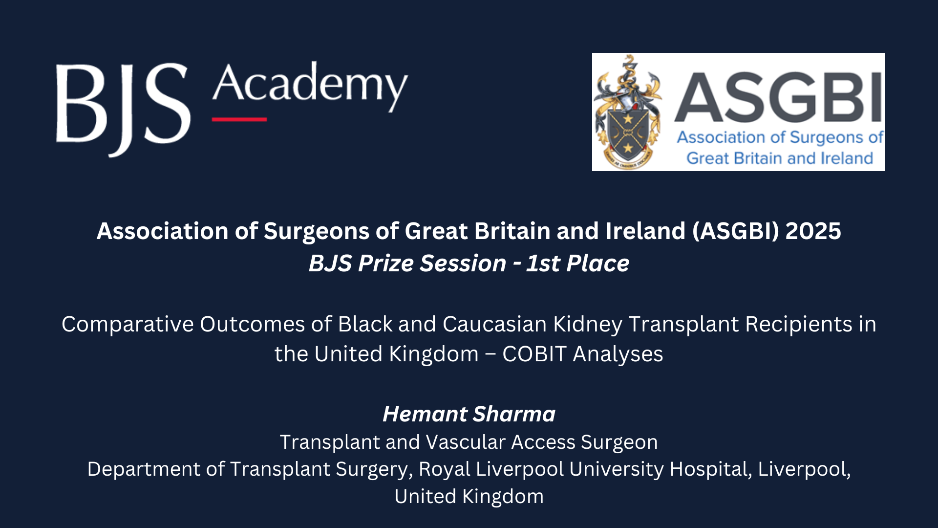 2025 ASGBI BJS Prize: Comparative Outcomes of Black and Caucasian Kidney Transplant Recipients in the UK – COBIT Analyses